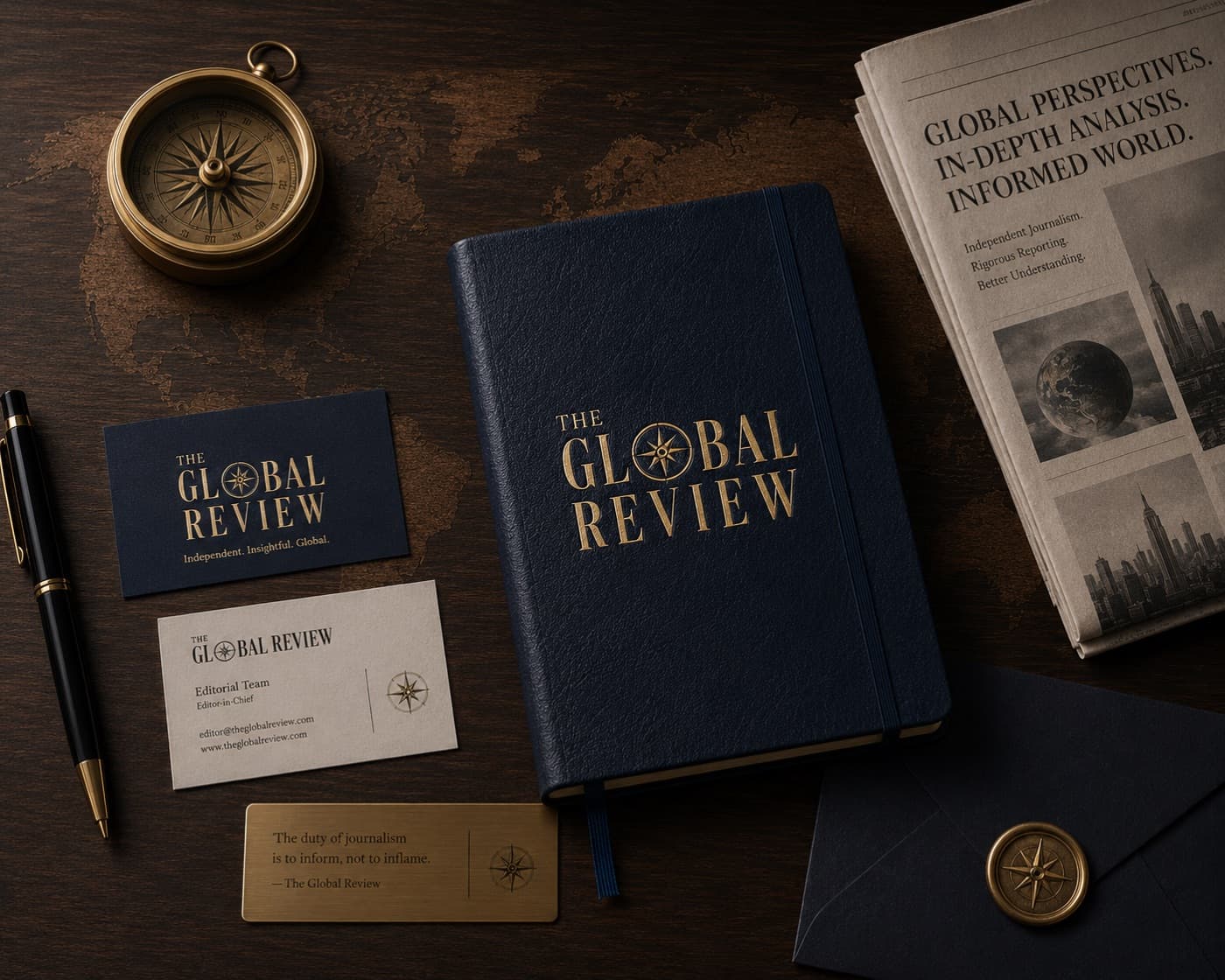 Identitas The Global Review: jurnal navy berlogo emas, kompas kuningan, dan koran di atas meja kayu